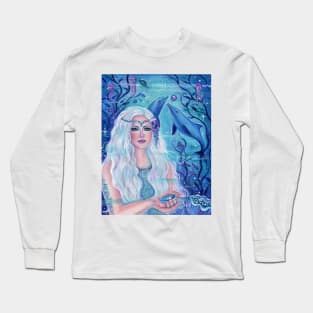 Pearl mermaid with dolphins by Renee Lavoie Long Sleeve T-Shirt